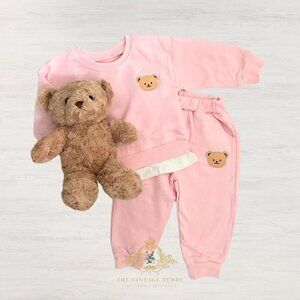 NWT Cute Girls Sweatsuit Sweater & Jogger Set Embroidered Teddy Bear Pink 18-24M
